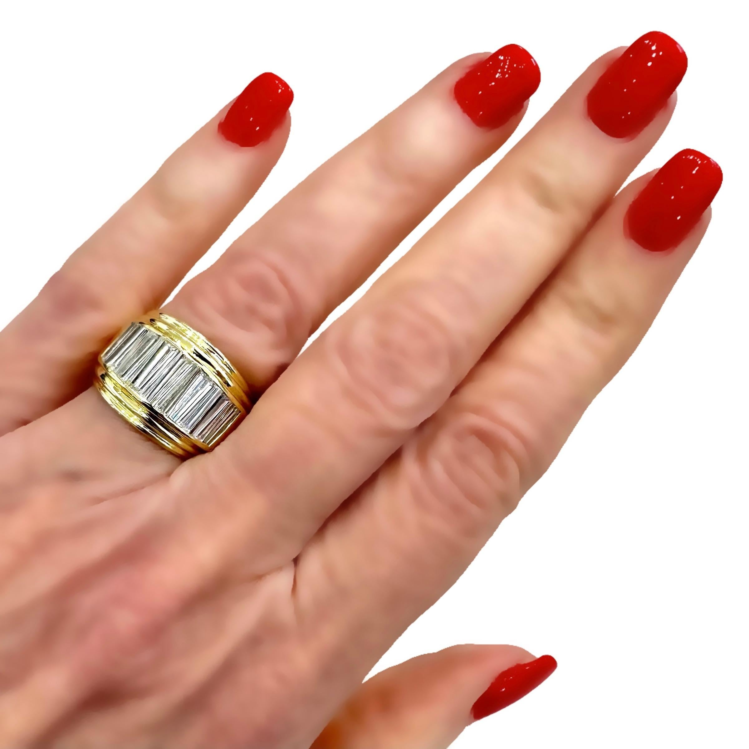 Vintage-Ring aus 18 Karat Gelbgold mit langenen, konisch zulaufenden Baguette-Diamanten auf der Oberseite im Angebot 4