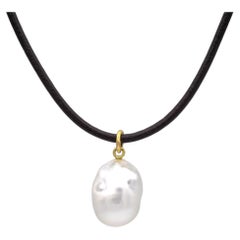 Vintage 18K Or Jaune Baroque Pendentif Perle 22mm Cordon Cuir Collier 23.5"