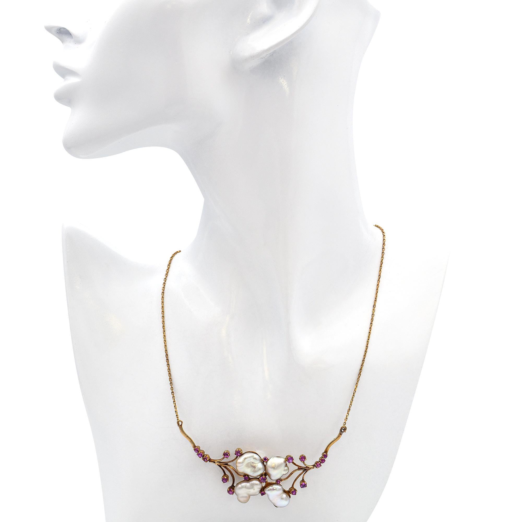 Mixed Cut Vintage 18k Yellow Gold Baroque Pearl and Burmese Pink Sapphire Necklace For Sale