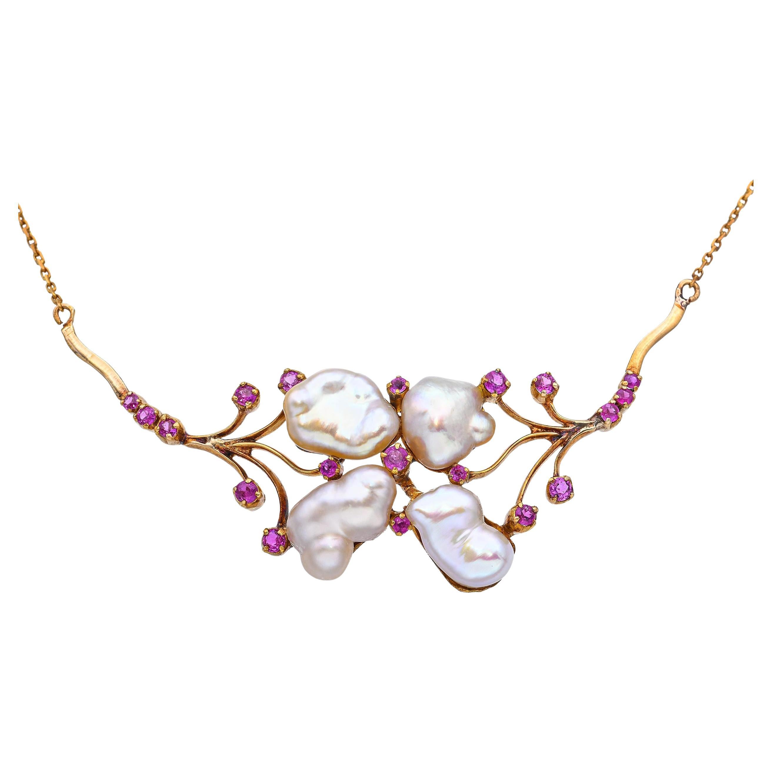 Vintage 18k Yellow Gold Baroque Pearl and Burmese Pink Sapphire Necklace For Sale