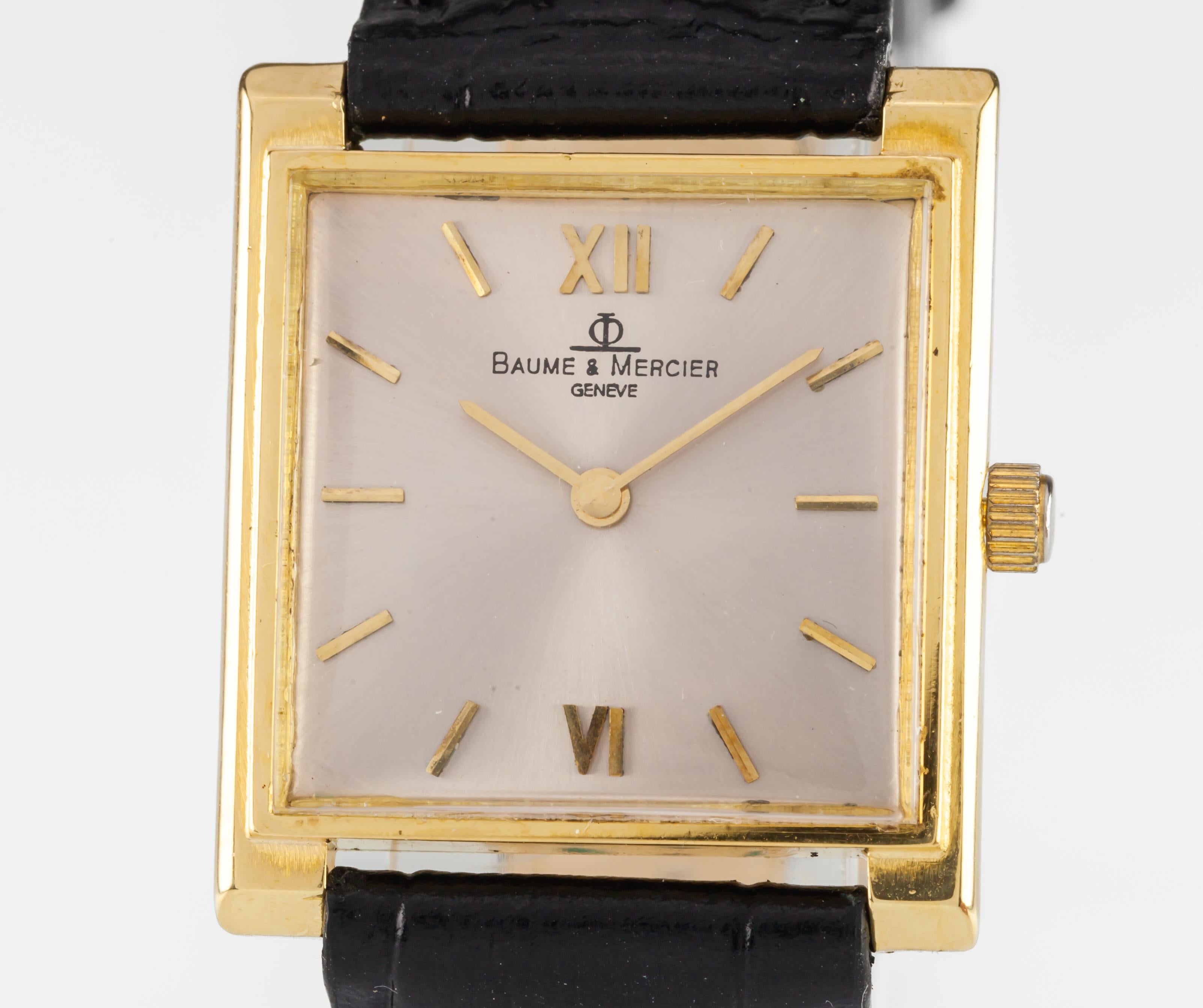 Vintage 18k Yellow Gold Baume & Mercier Hand-Winding Watch w/ Off-White Dial

Movement #2512
17 Jewel Hand-Winding Movement
Serial #37025
Case #293407

18k Yellow Gold Case
24 mm Wide (26 mm w/ Crown)
22 mm Long
Lug-to-Lug Distance = 27