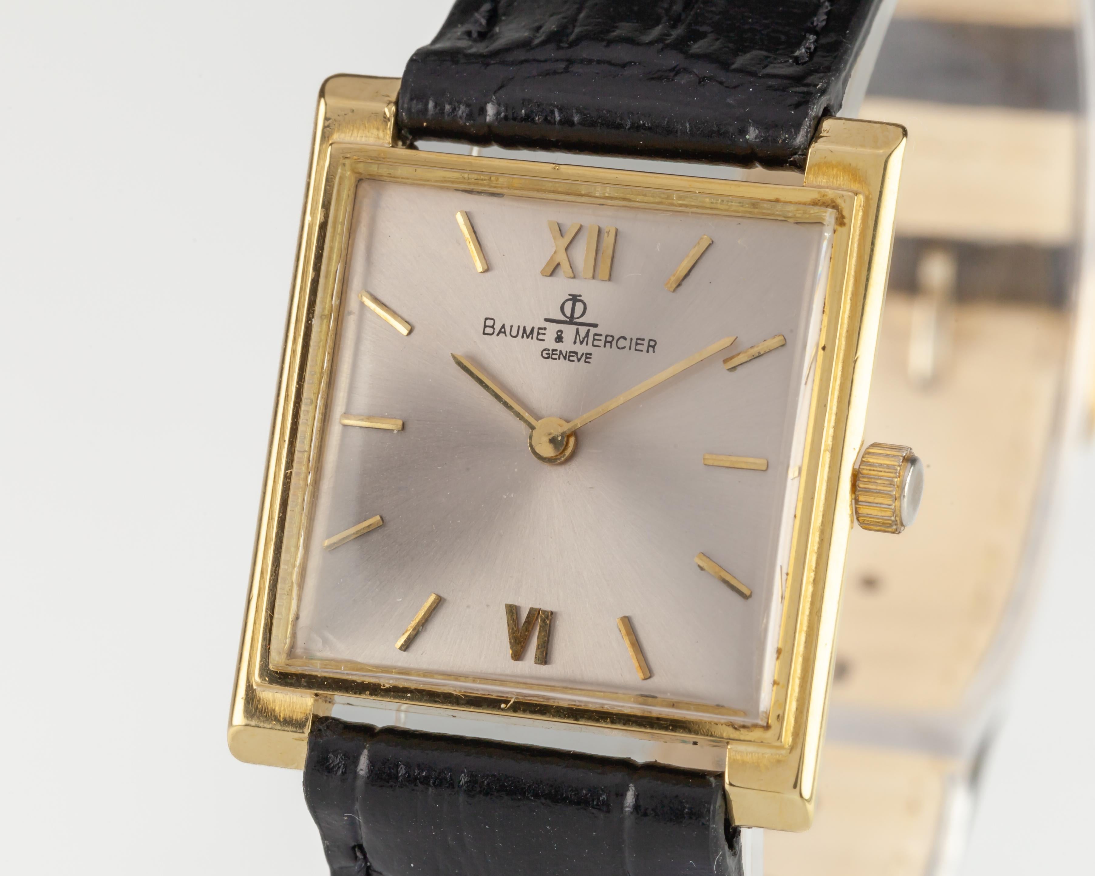 Modern Vintage 18k Yellow Gold Baume & Mercier Hand-Winding Watch w/ Off-White Dial For Sale