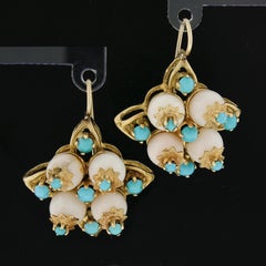 Vintage 18K Yellow Gold Bead Angel Skin Coral w/ Turquoise Drop Dangle Earrings
