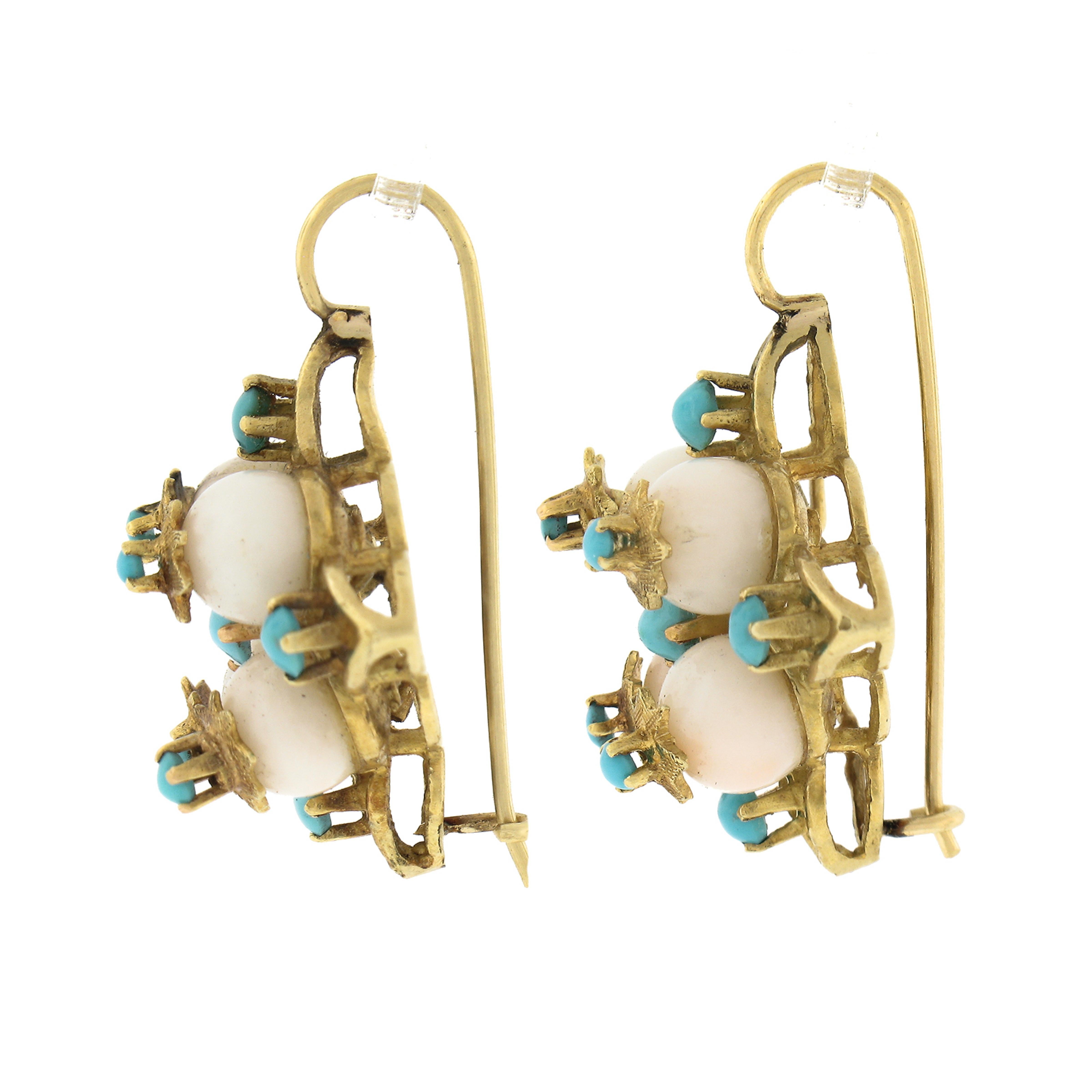Women's Vintage 18K Yellow Gold Bead Angel Skin Coral w/ Turquoise Drop Dangle Earrings For Sale