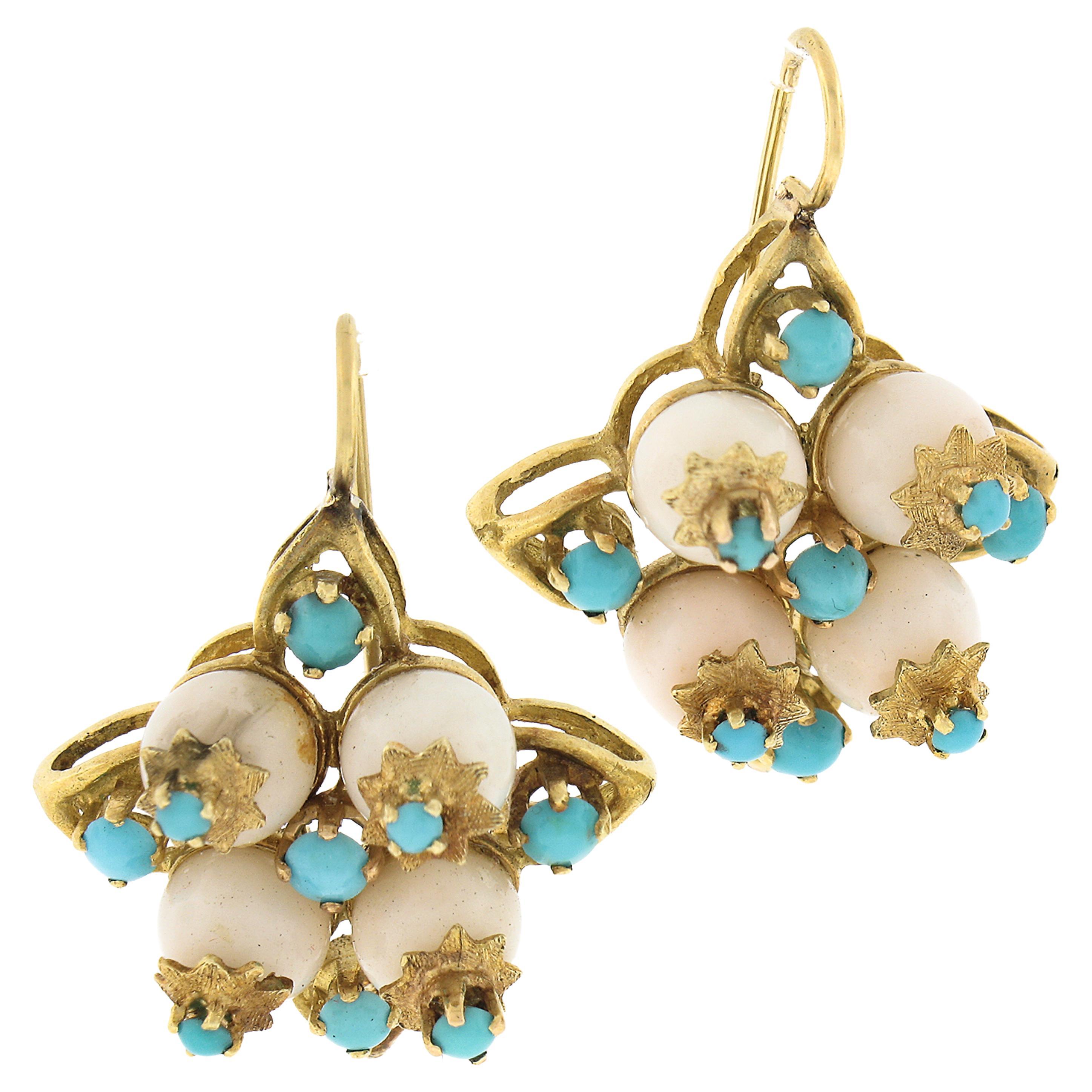 Vintage 18K Yellow Gold Bead Angel Skin Coral w/ Turquoise Drop Dangle Earrings For Sale