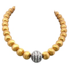 Vintage 18K Yellow Gold Bead Necklace with 2 Carat Round H SI Diamonds