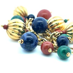 Bracciale vintage in oro giallo 18 carati con perline, malachite, corallo e diaspro