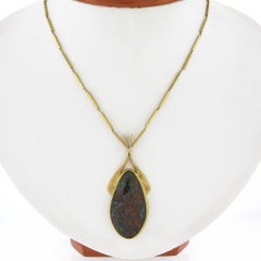 Vintage 18k Yellow Gold Bezel Matrix Boulder Opal Pendant on 15.5" Bar Necklace