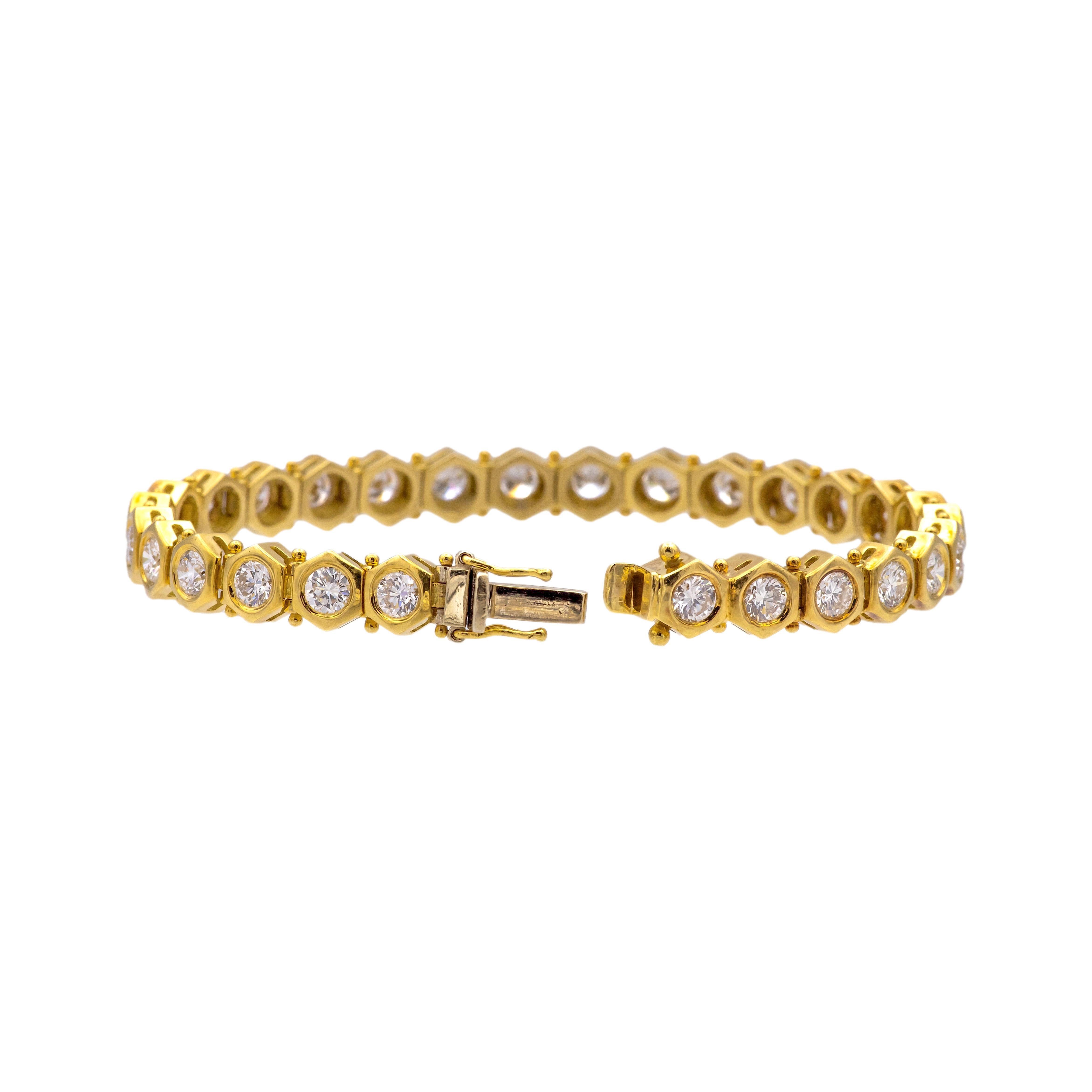 Round Cut Vintage 18K Yellow Gold Bezel-Set Diamond Tennis Bracelet – 8.40 Ct G-H VS2/SI1