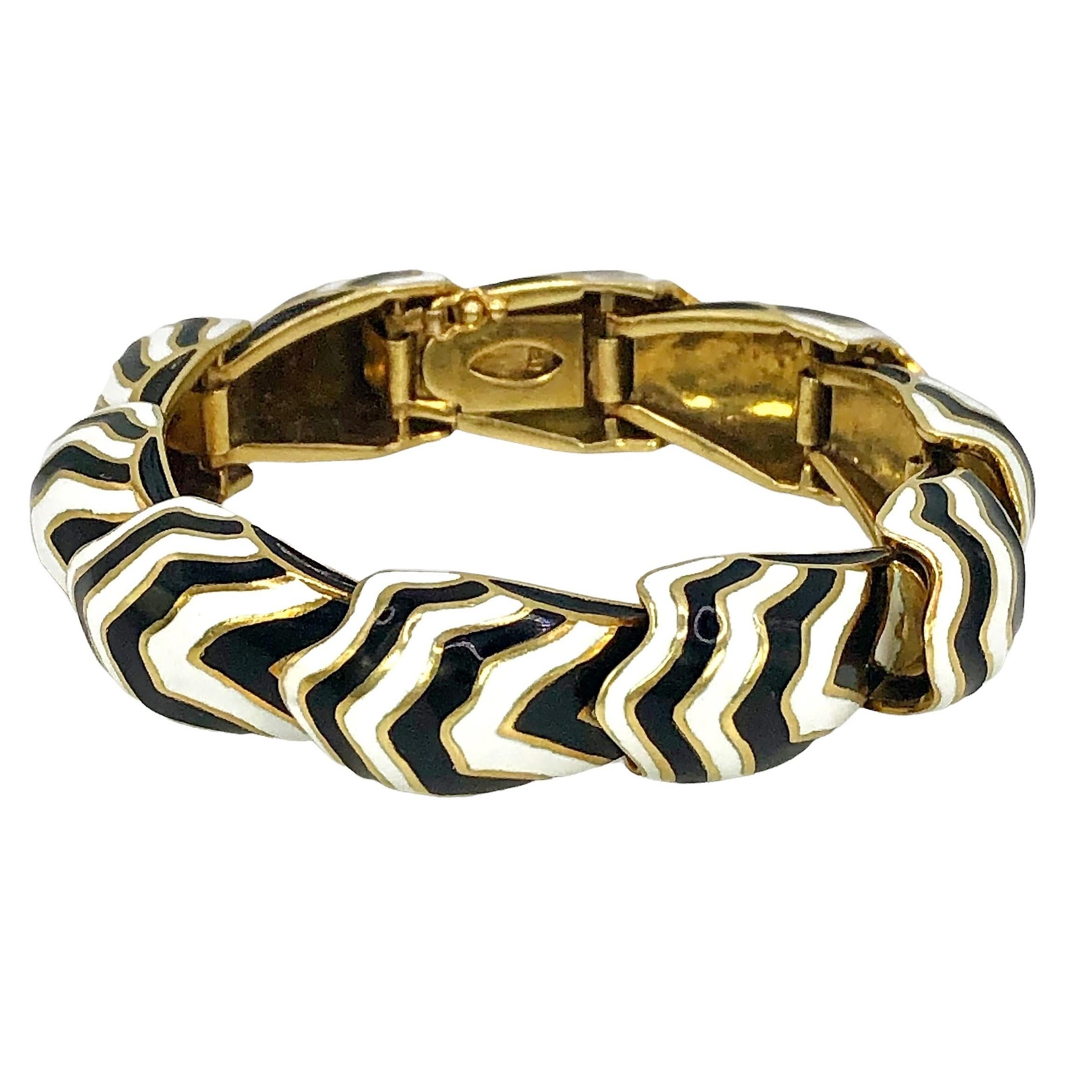Vintage 18K Yellow Gold, Black and White Enamel Zebra Striped Bracelet