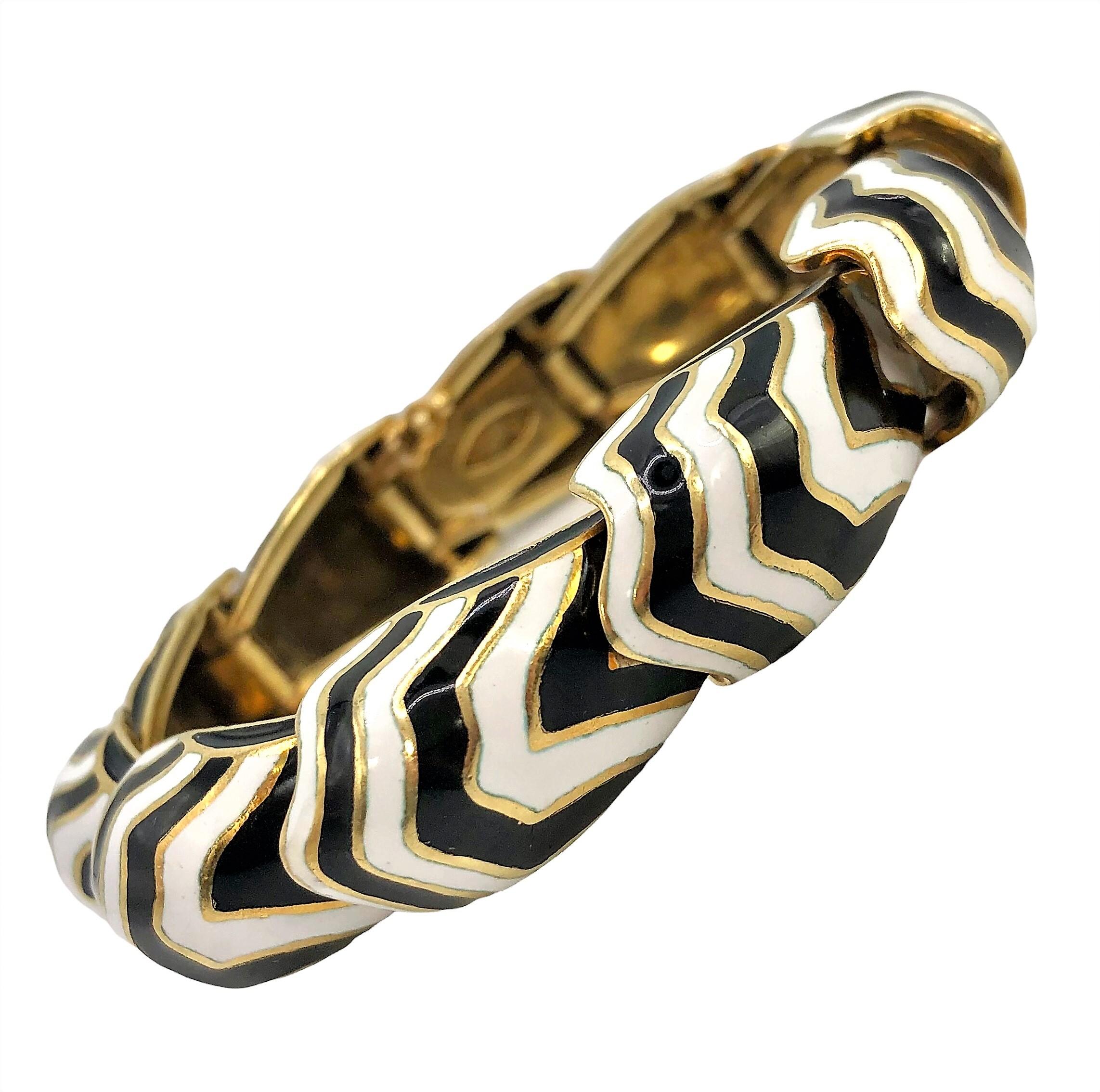 Vintage 18K Yellow Gold, Black and White Enamel Zebra Striped Bracelet