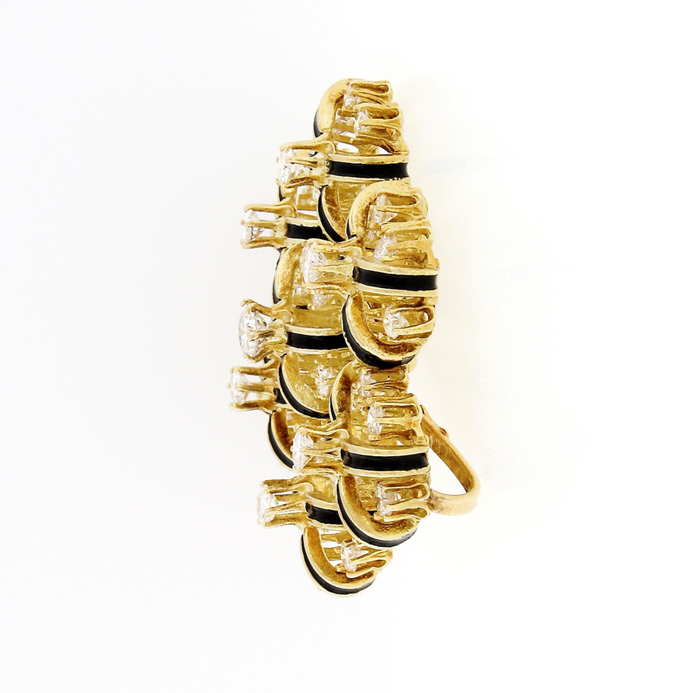 Women's Vintage 18k Yellow Gold Black Enamel 5.03ctw Round Diamond Brooch Pin or Pendant For Sale
