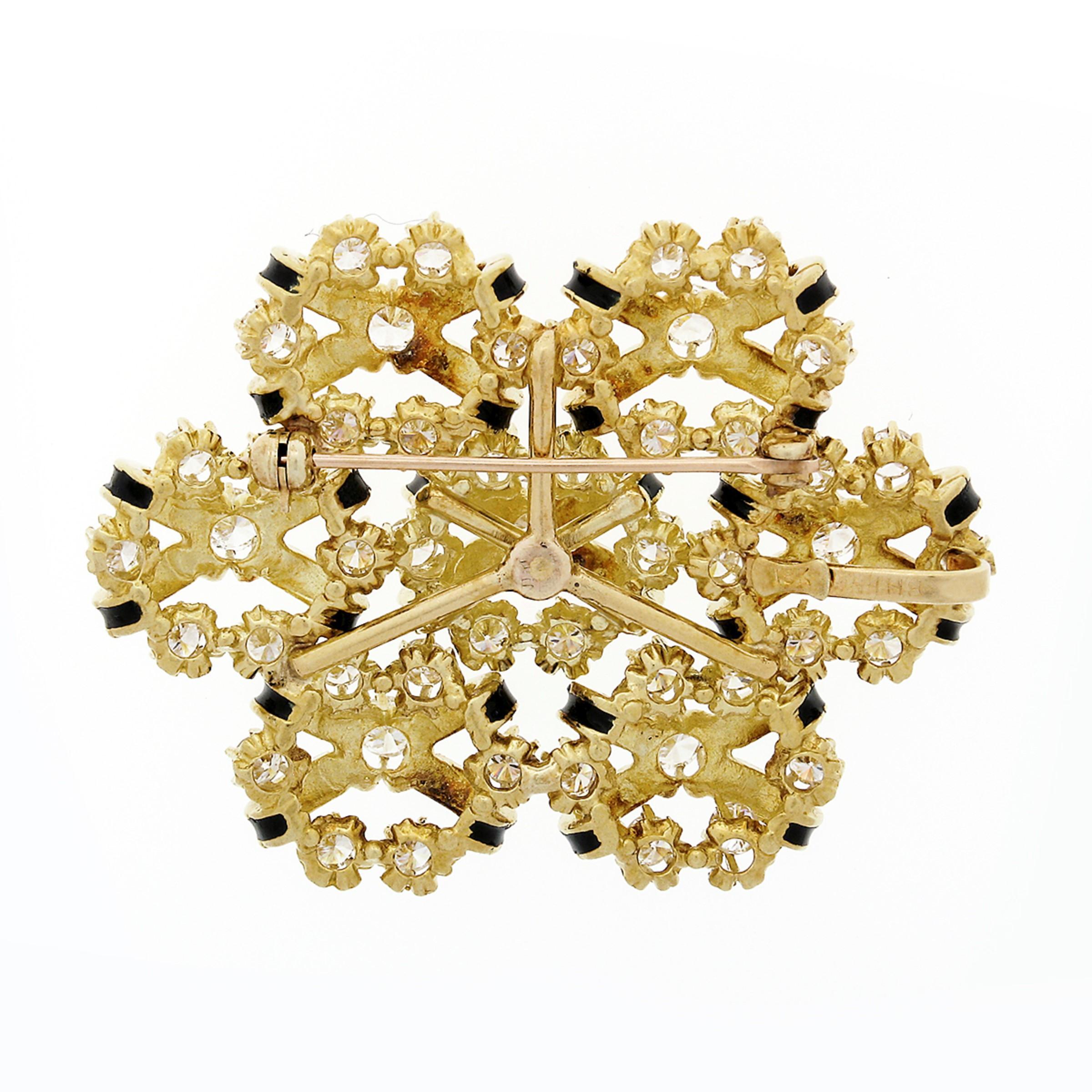 Vintage 18k Yellow Gold Black Enamel 5.03ctw Round Diamond Brooch Pin or Pendant For Sale 1