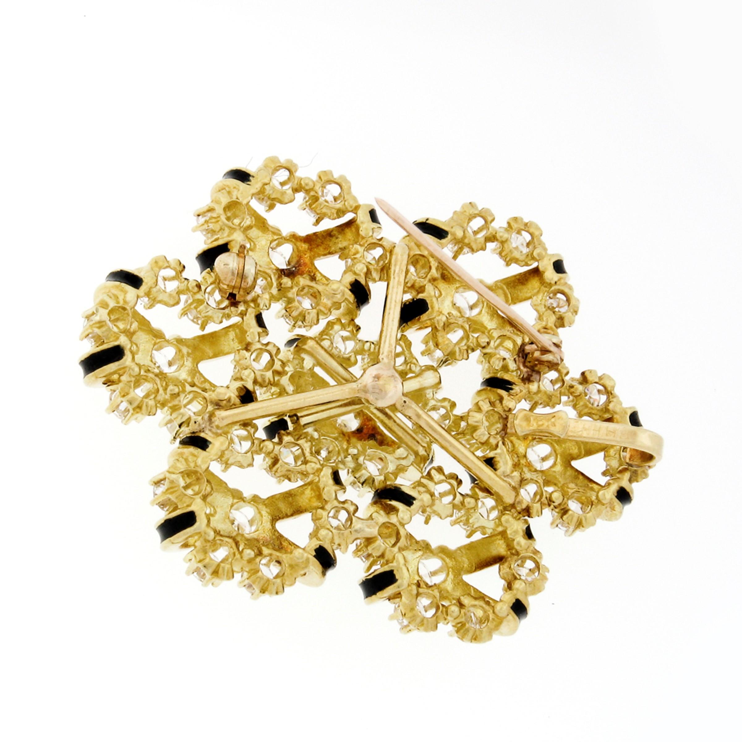 Vintage 18k Yellow Gold Black Enamel 5.03ctw Round Diamond Brooch Pin or Pendant For Sale 2