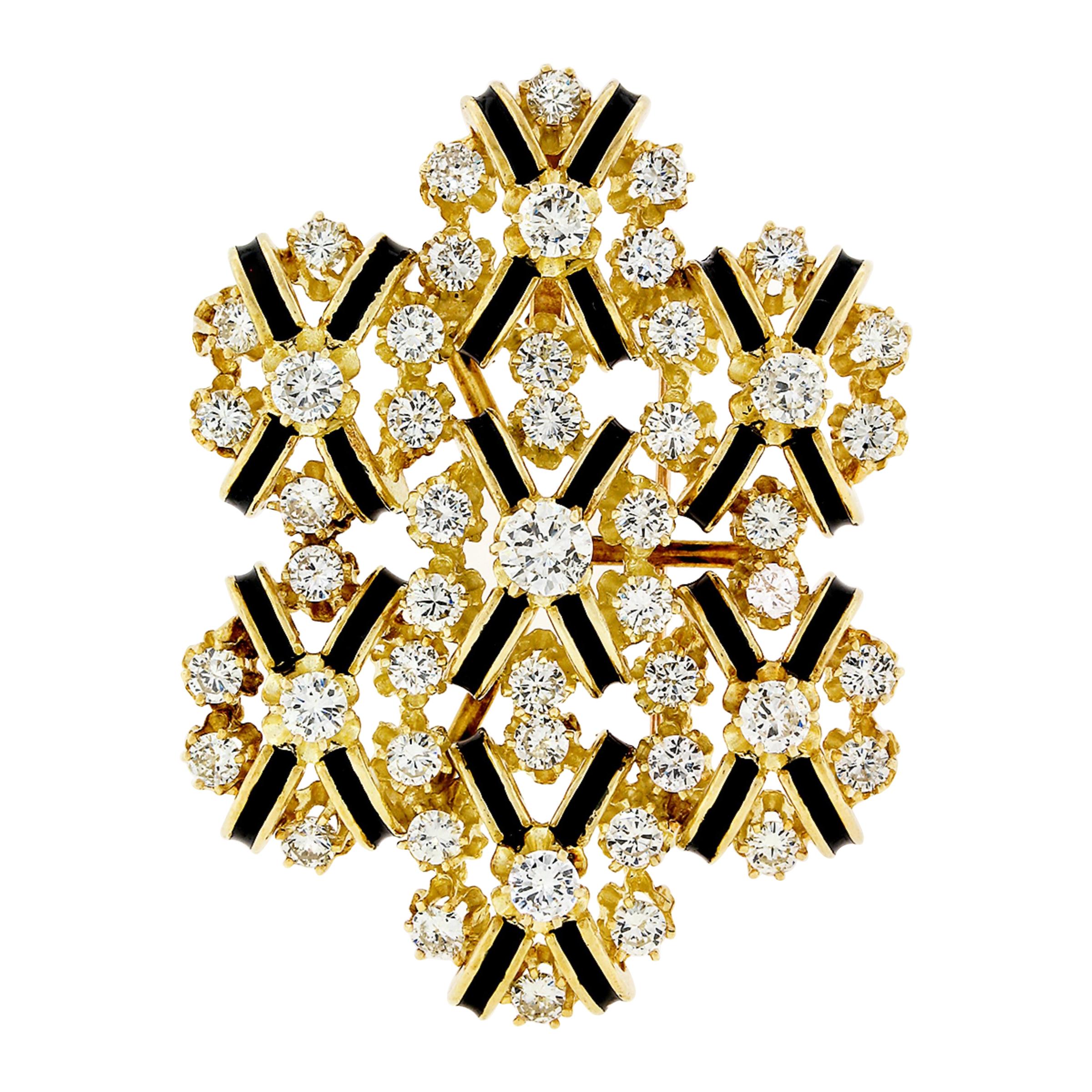 Broche ou pendentif vintage en or jaune 18 carats avec émail noir et diamants ronds de 5,03 carats