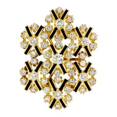 Broche ou pendentif vintage en or jaune 18 carats avec émail noir et diamants ronds de 5,03 carats