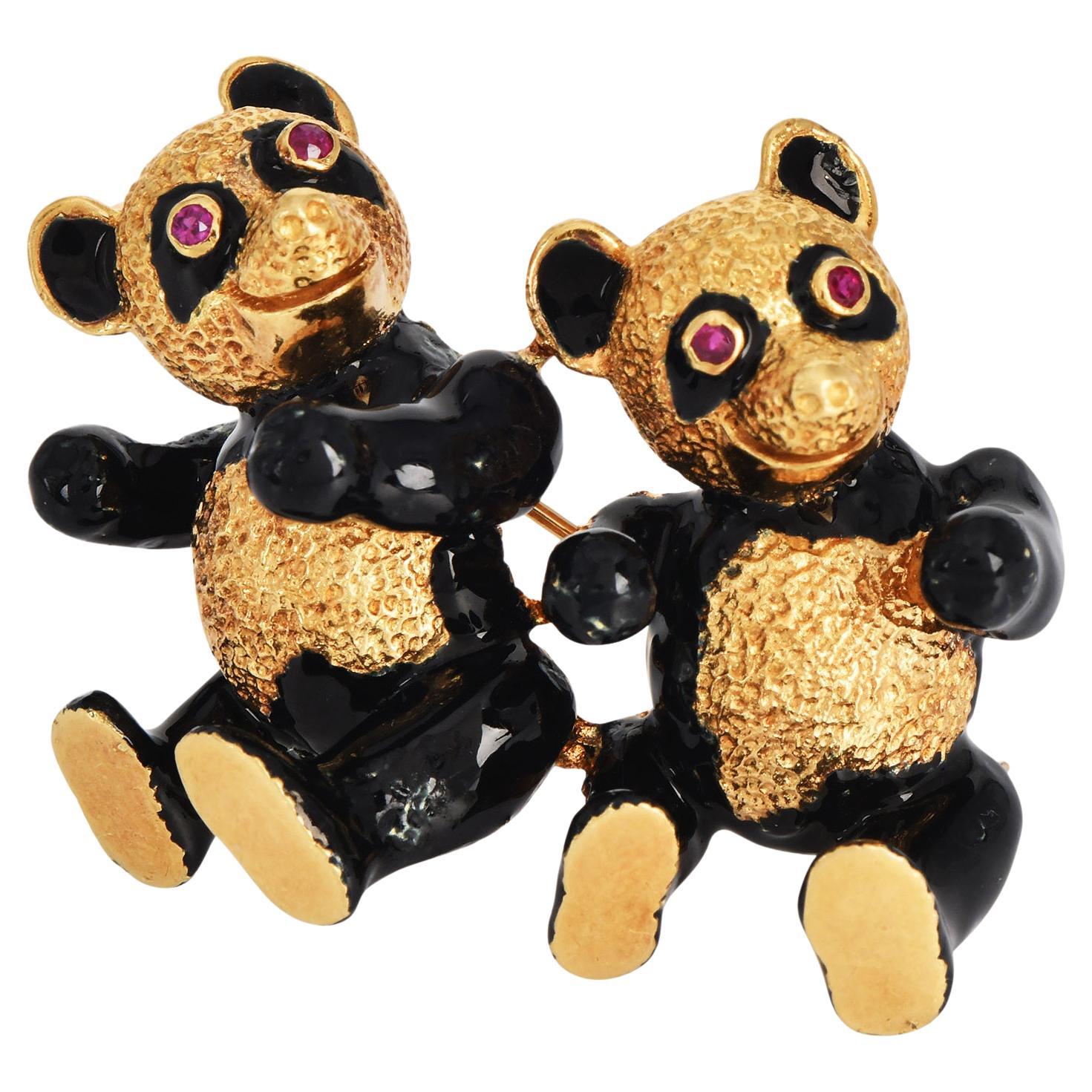 Vintage 18K Yellow Gold Black Enamel Dancing Bear Brooch