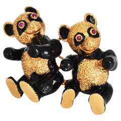Vintage 18K Yellow Gold Black Enamel Dancing Bear Brooch