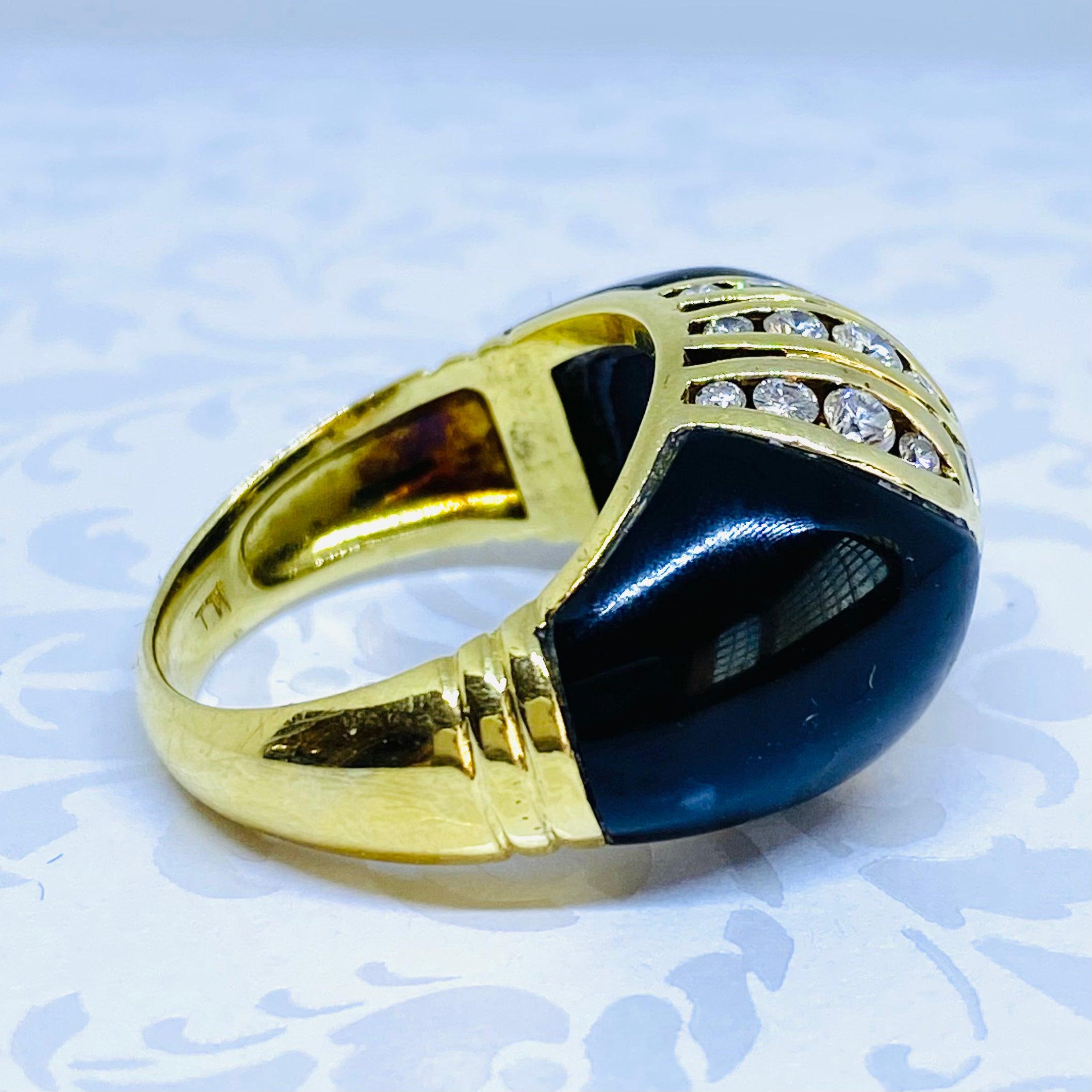 Women's Vintage 18K Yellow Gold Black Onyx and Diamond Dome Ring For Sale