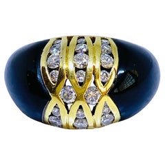 Retro 18K Yellow Gold Black Onyx and Diamond Dome Ring