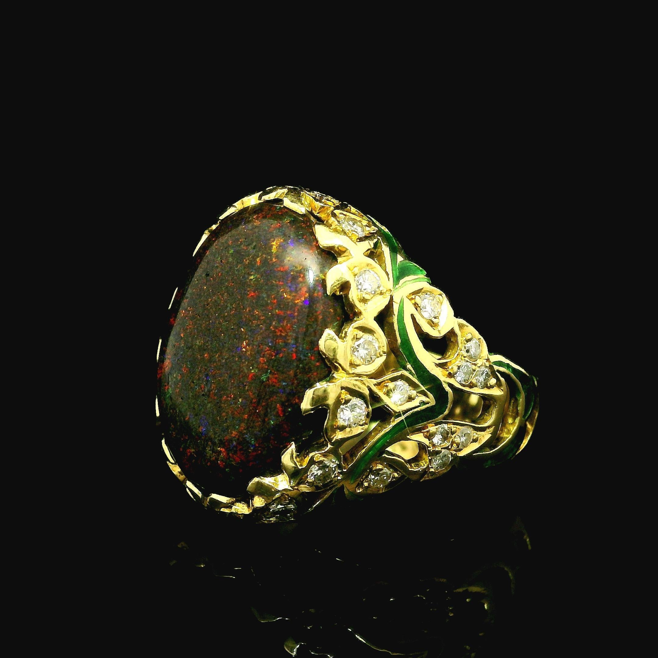 Vintage 18k Yellow Gold Black Opal & Diamond Green Enamel Work Cocktail Ring For Sale 5