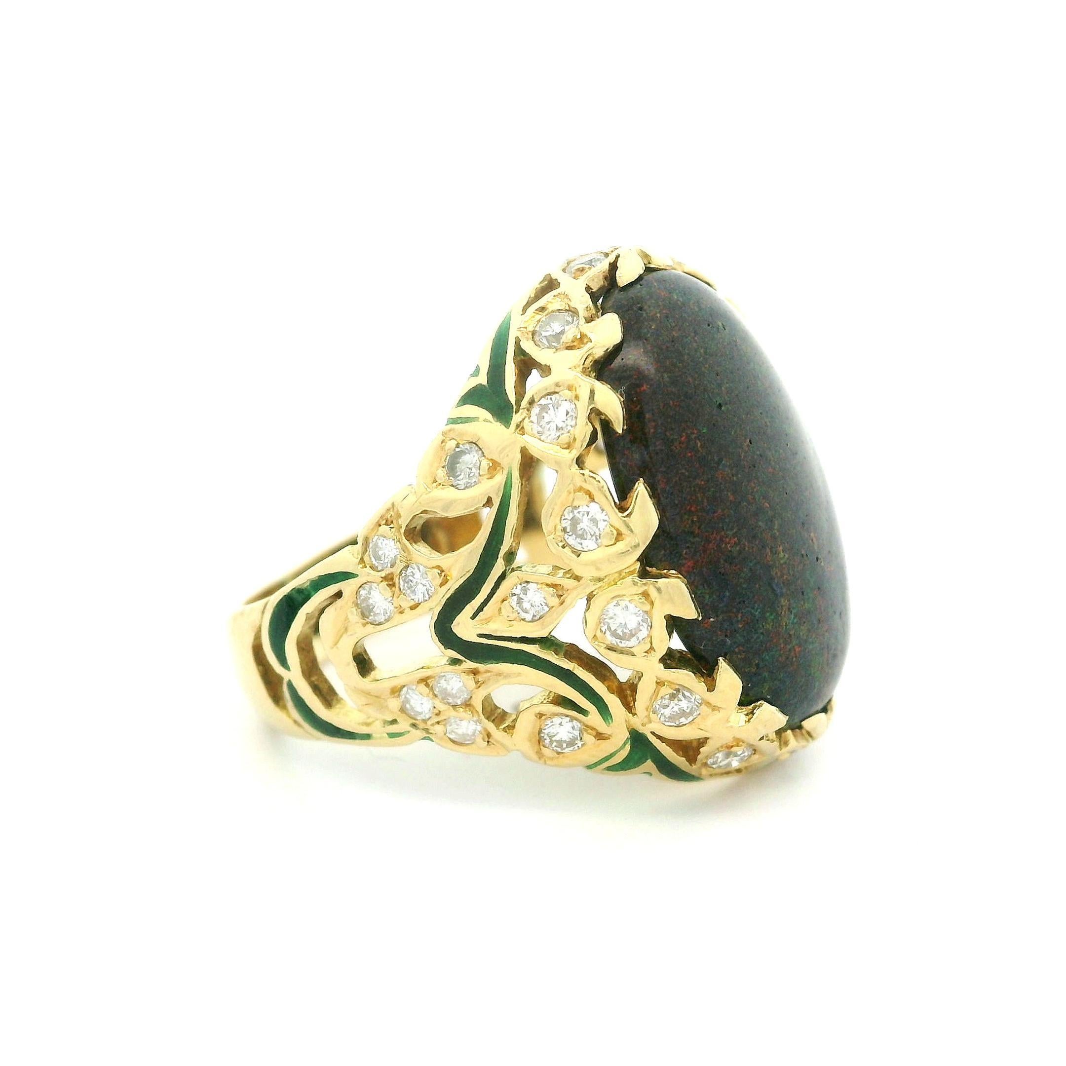 Vintage 18k Yellow Gold Black Opal & Diamond Green Enamel Work Cocktail Ring For Sale 6