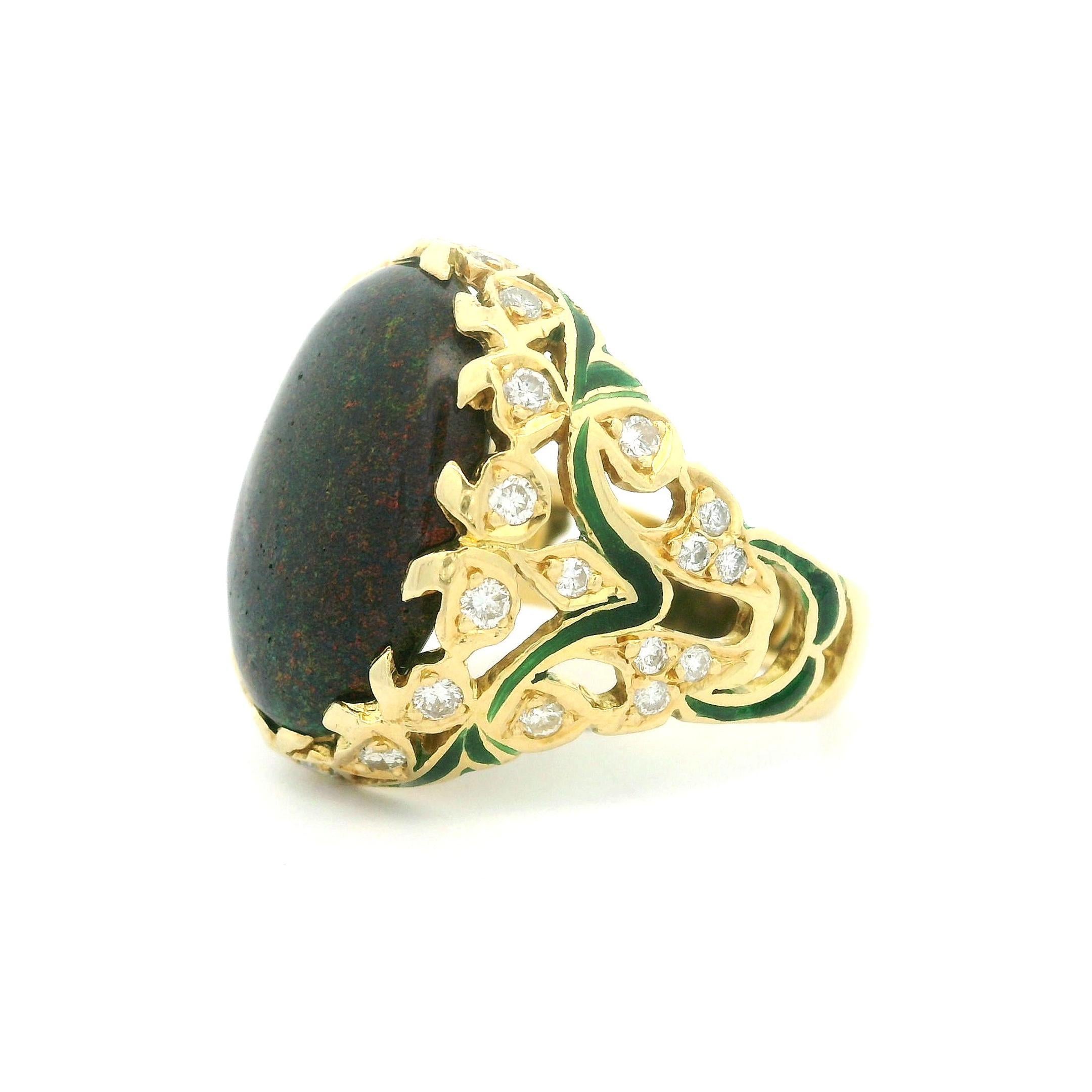 Vintage 18k Yellow Gold Black Opal & Diamond Green Enamel Work Cocktail Ring For Sale 7