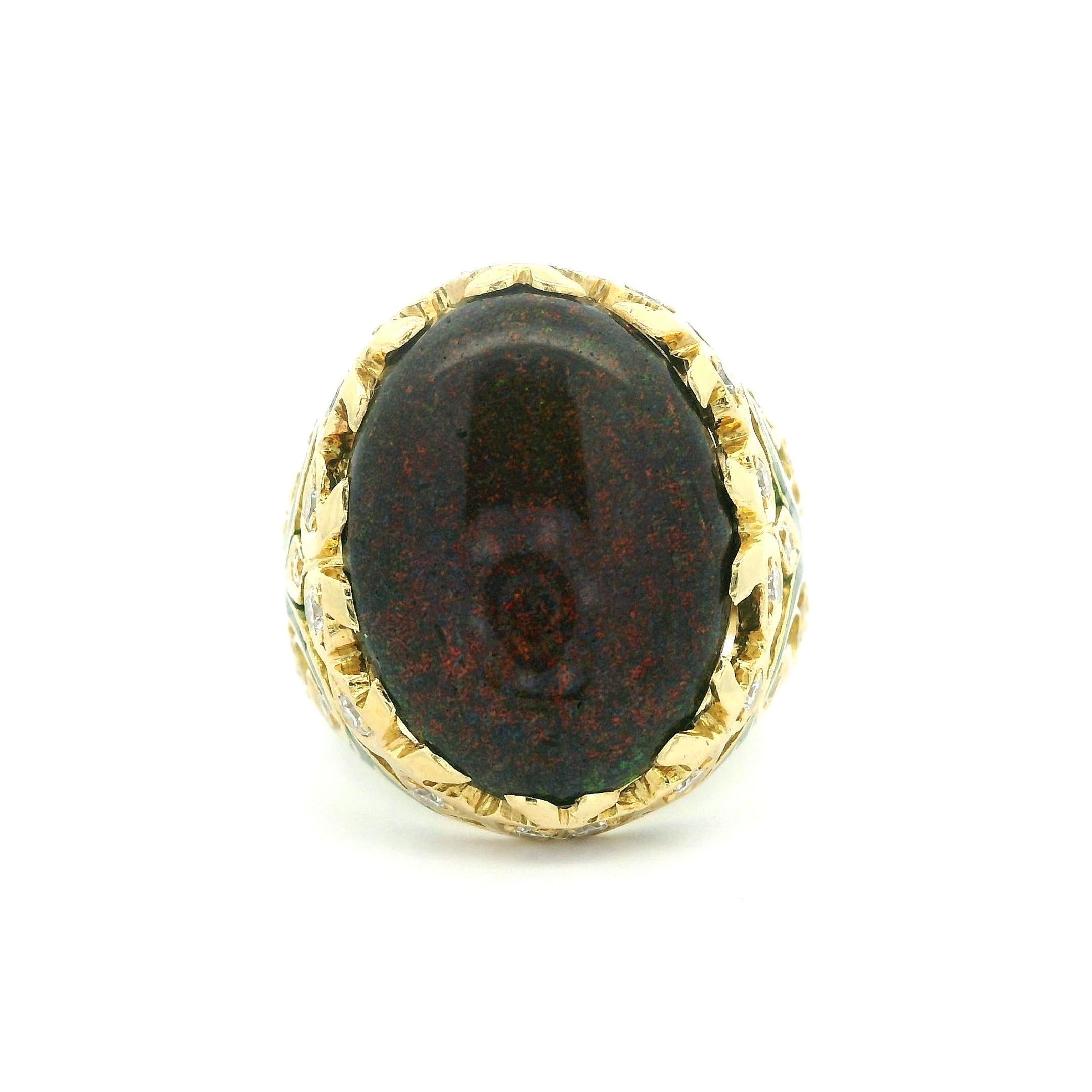 Vintage 18k Yellow Gold Black Opal & Diamond Green Enamel Work Cocktail Ring In Excellent Condition For Sale In Montclair, NJ