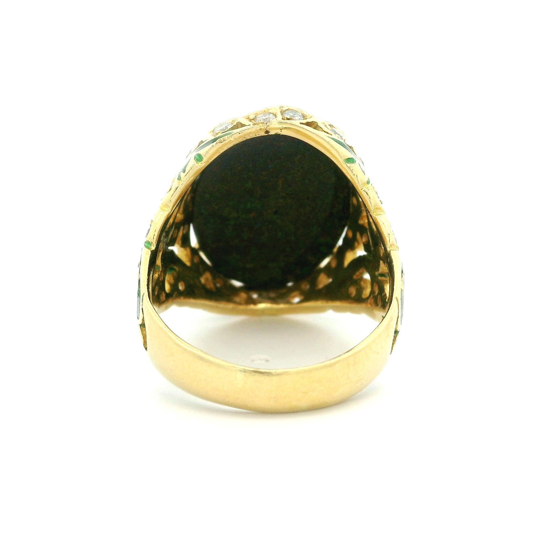 Women's Vintage 18k Yellow Gold Black Opal & Diamond Green Enamel Work Cocktail Ring For Sale