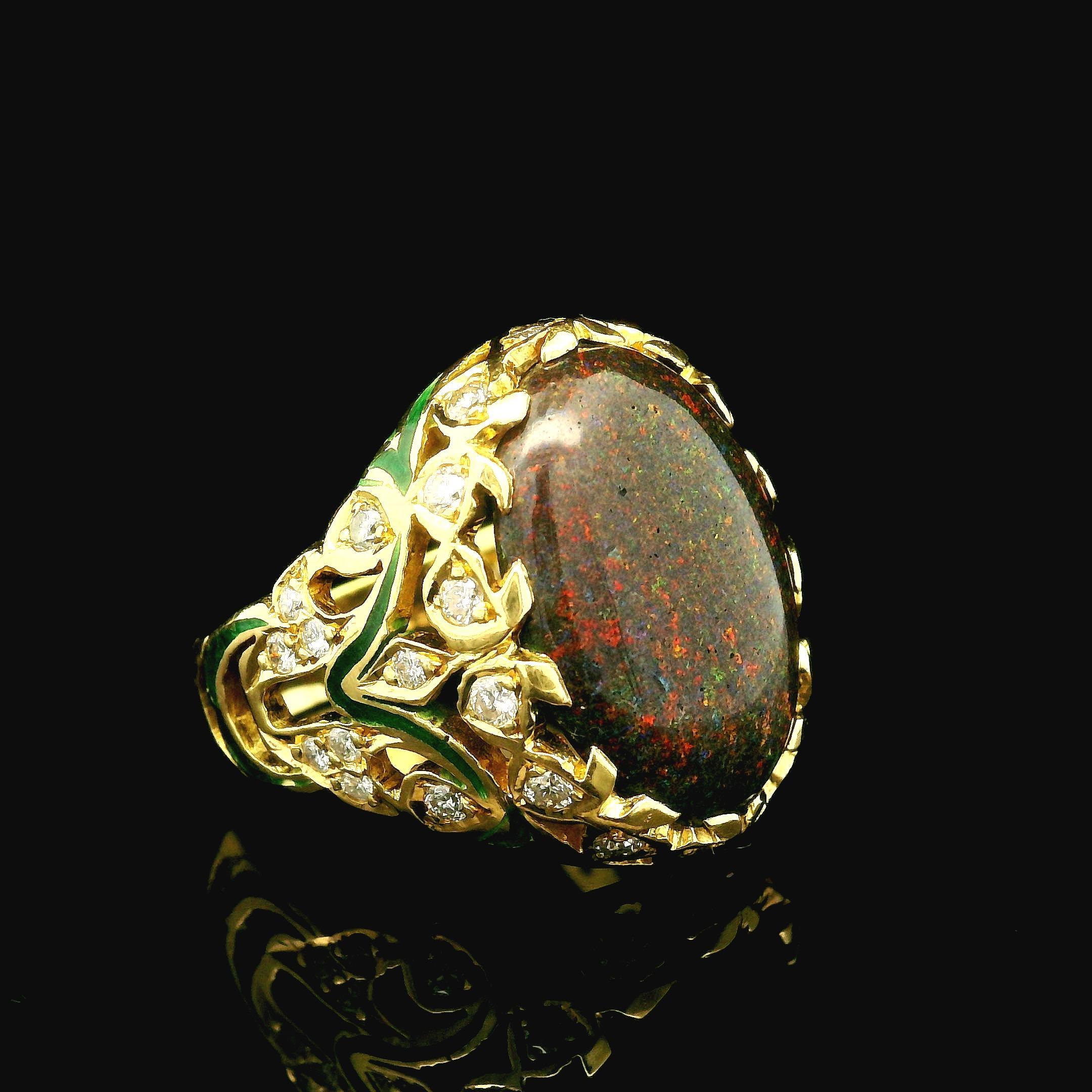 Vintage 18k Yellow Gold Black Opal & Diamond Green Enamel Work Cocktail Ring For Sale 1