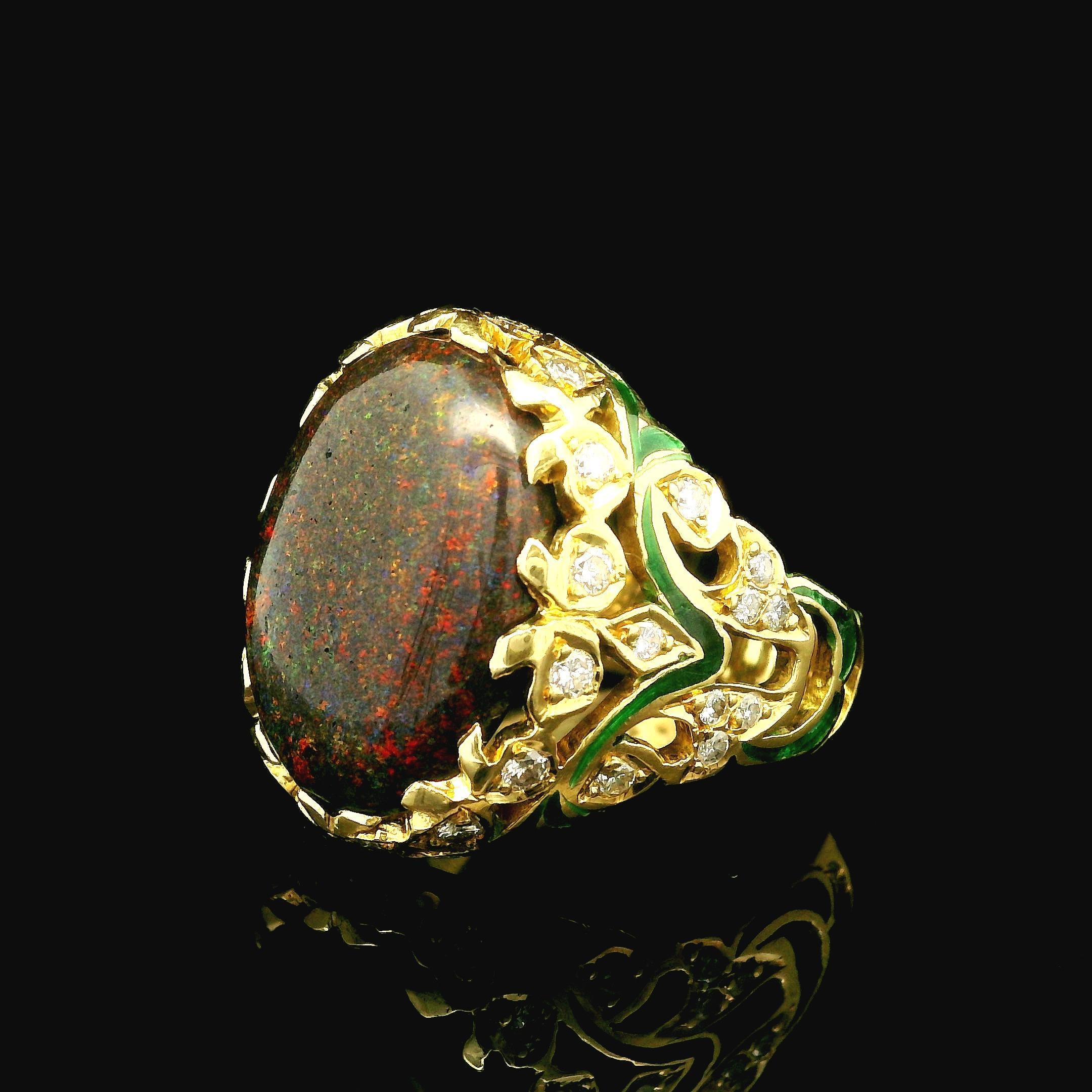Vintage 18k Yellow Gold Black Opal & Diamond Green Enamel Work Cocktail Ring For Sale 2