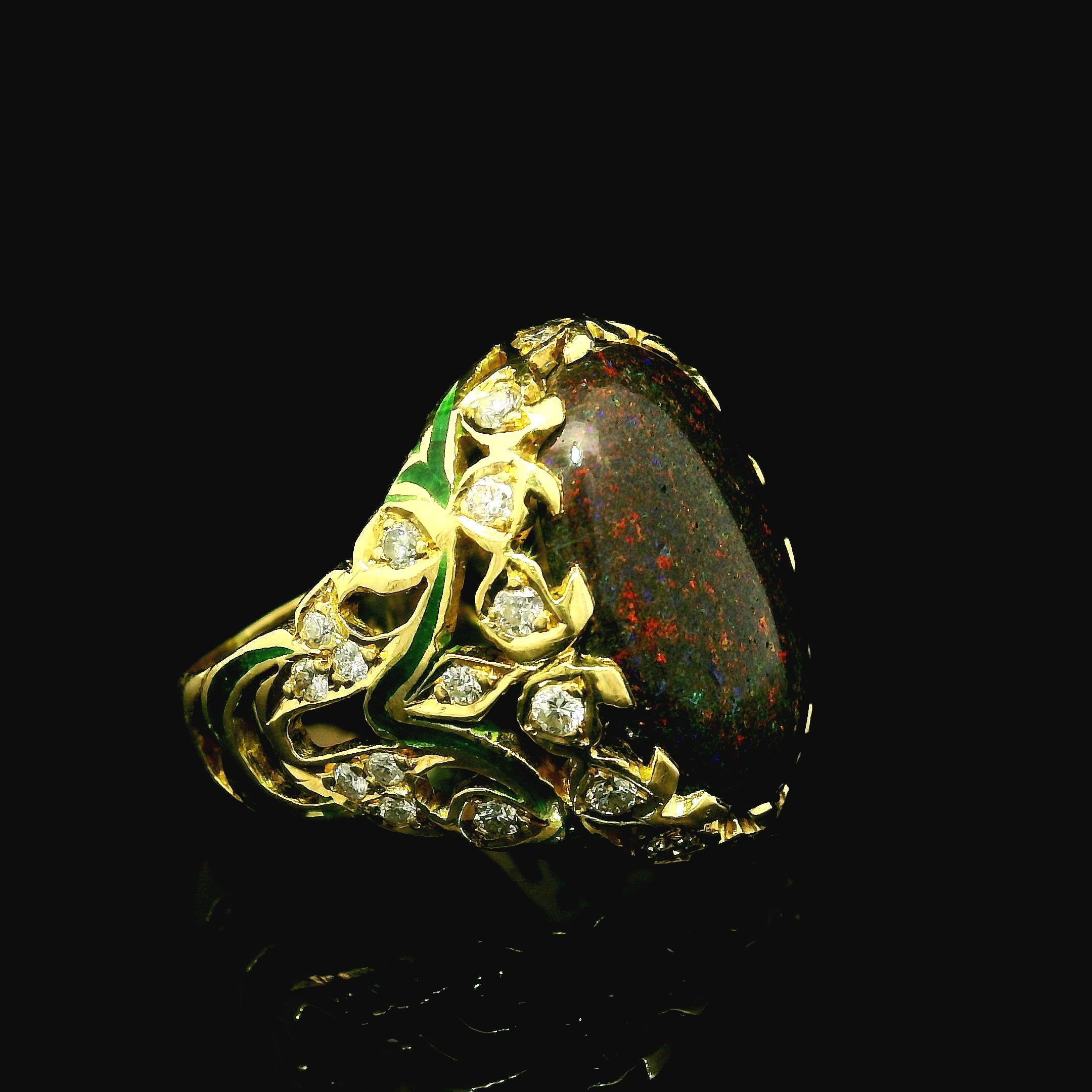 Vintage 18k Yellow Gold Black Opal & Diamond Green Enamel Work Cocktail Ring For Sale 3