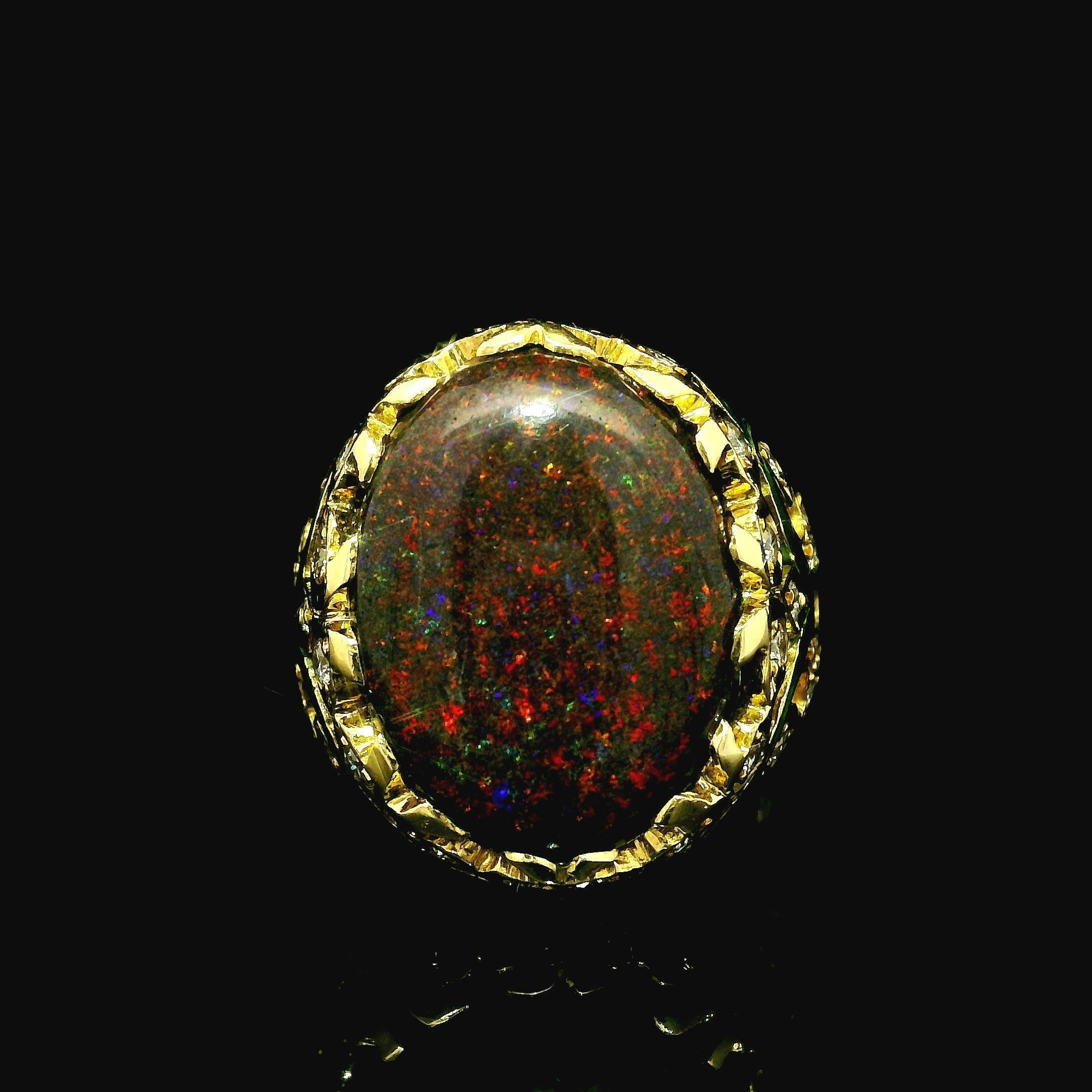 Vintage 18k Yellow Gold Black Opal & Diamond Green Enamel Work Cocktail Ring For Sale 4