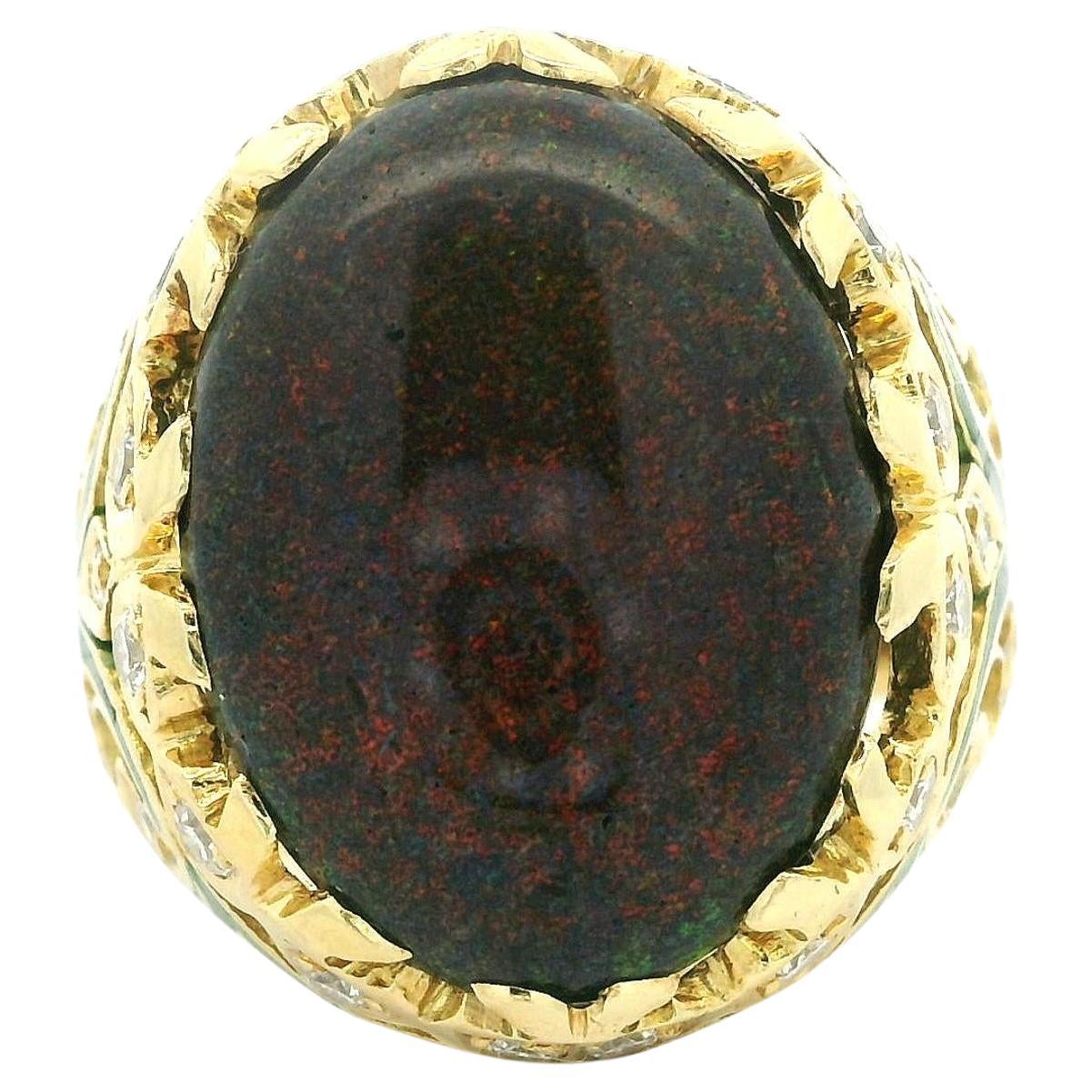 Bague cocktail vintage en or jaune 18 carats, opale noire et diamant, émail vert travaillé