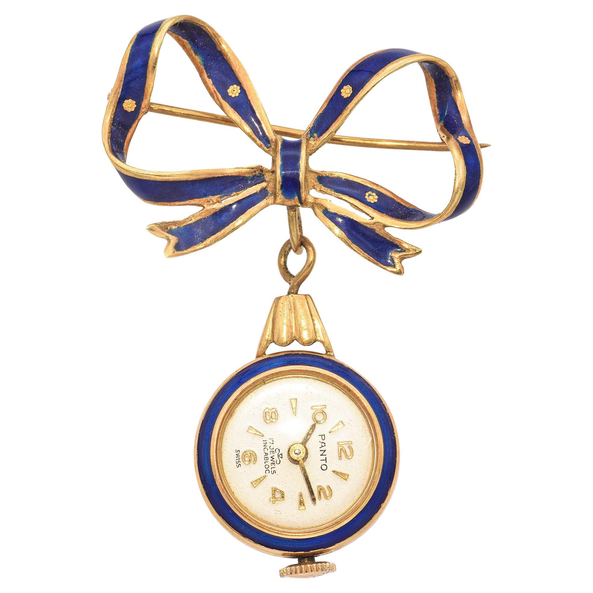 Vintage 18k Yellow Gold Blue Enamel Bow Watch Lapel Brooch