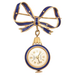 Vintage 18k Yellow Gold Blue Enamel Bow Watch Lapel Brooch