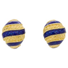 Vintage 18K Yellow Gold Blue Enamel Chunky Clip Earrings, Circa 1960