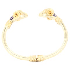 Vintage 18k Gelbgold & Blau Emaille Doppel Widder Kopf Scharnier Armreif