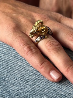 Vintage 18K Yellow Gold Blue Enamel Ram's Head Bypass Statement Ring 1960-1970s