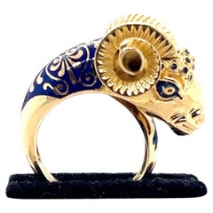 Vintage 18K Yellow Gold Blue Enamel Ram's Head Bypass Statement Ring 1960-1970s