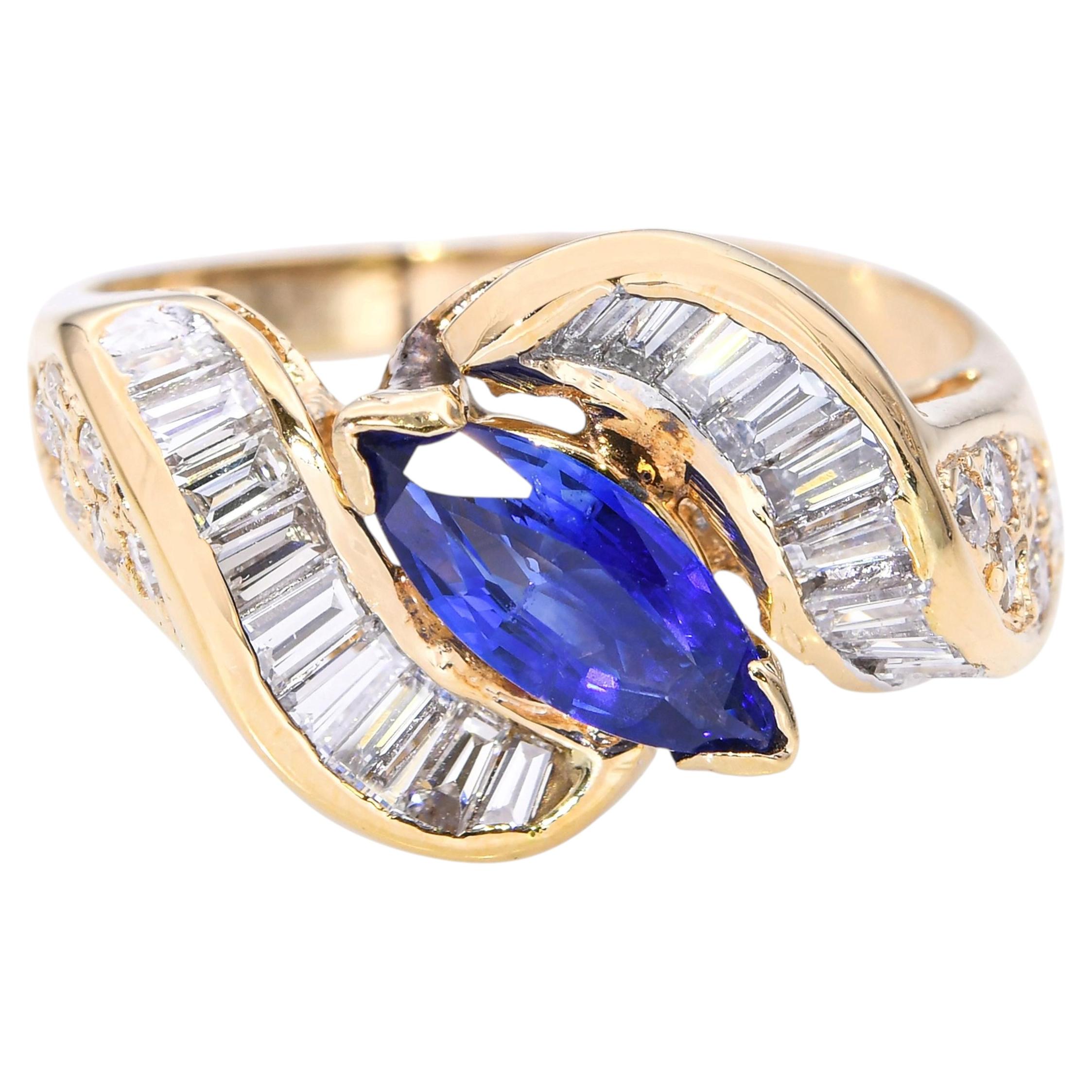Vintage 18k Yellow Gold Blue Sapphire and 1.58tcw Diamond Ring