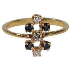 Vintage 18k Yellow Gold Blue Sapphire Diamond Cluster Ring Lattice Pattern 5.5