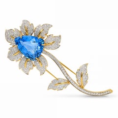 Vintage 18k Yellow Gold Blue Topaz & 4.73ctw Diamond Flower Brooch