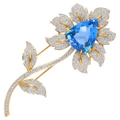 Vintage 18k Yellow Gold Blue Topaz & 4.73ctw Diamond Flower Brooch