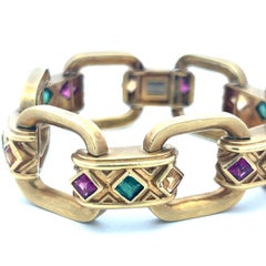 Vintage 18K Yellow Gold Bold Link Bracelet with 1 Carat Synthetic Stones