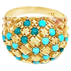 Vintage 18K Yellow Gold Bombe Style Ring with Turquoise Stones, Size 5.5