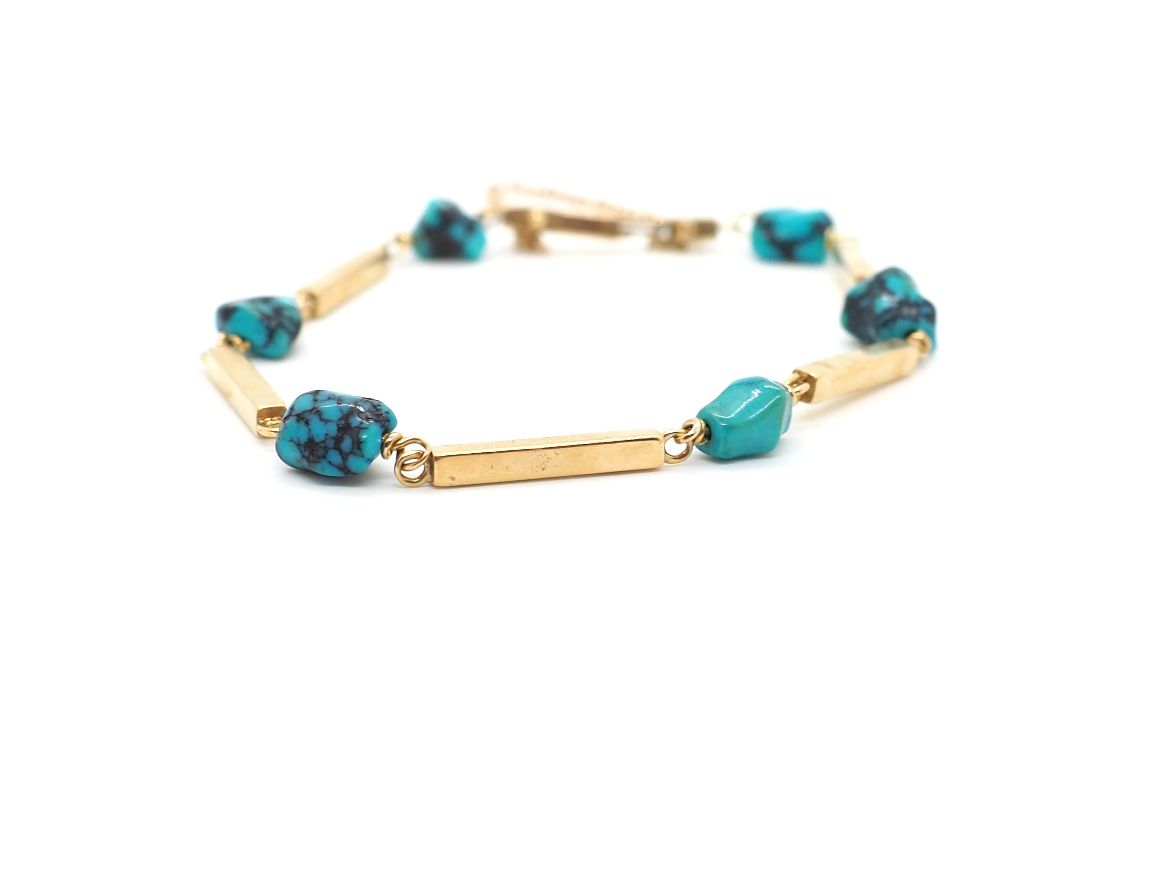 Vintage 18K Yellow Gold Turquoise Bracelet In Excellent Condition For Sale In Geneva, CH