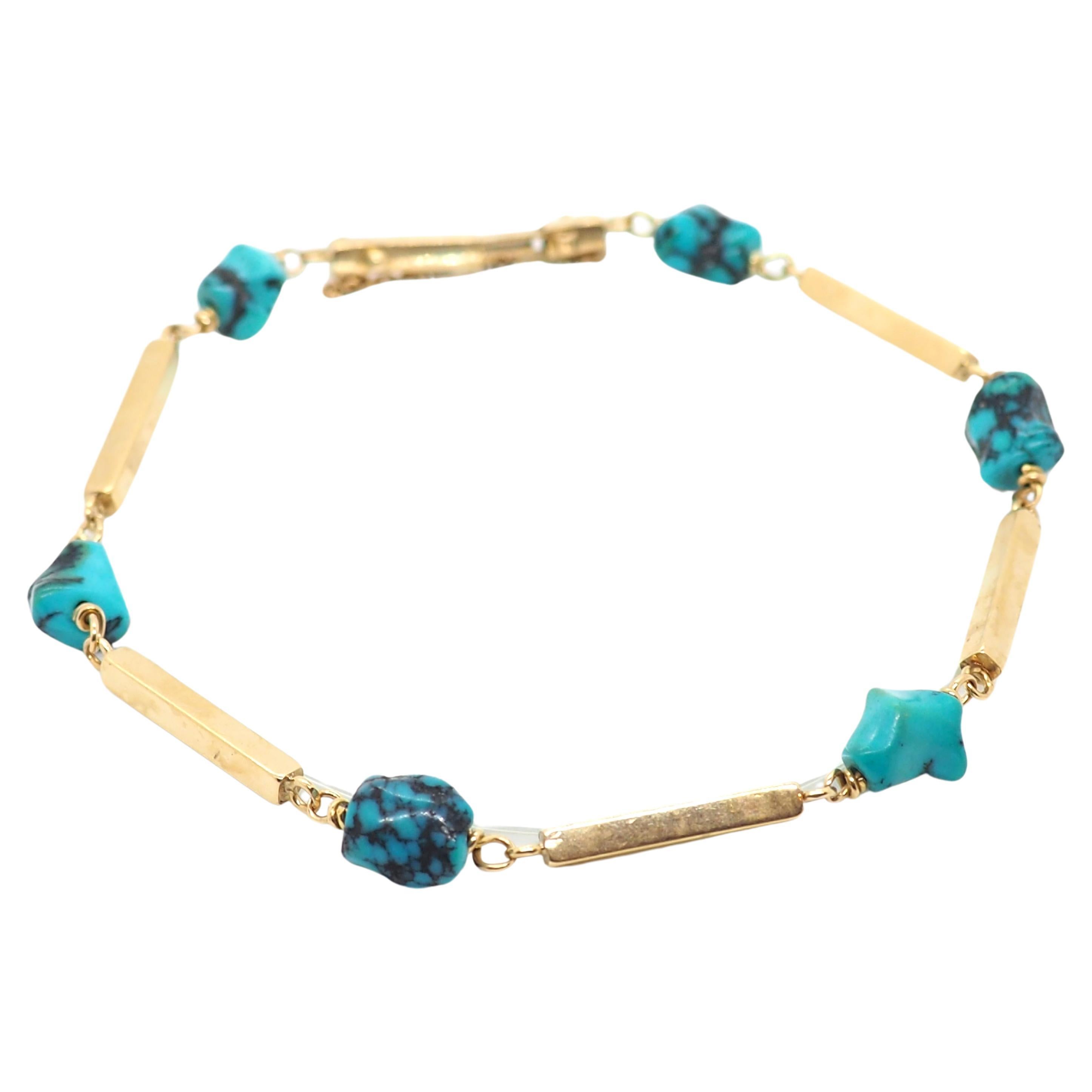 Vintage 18K Yellow Gold Turquoise Bracelet For Sale