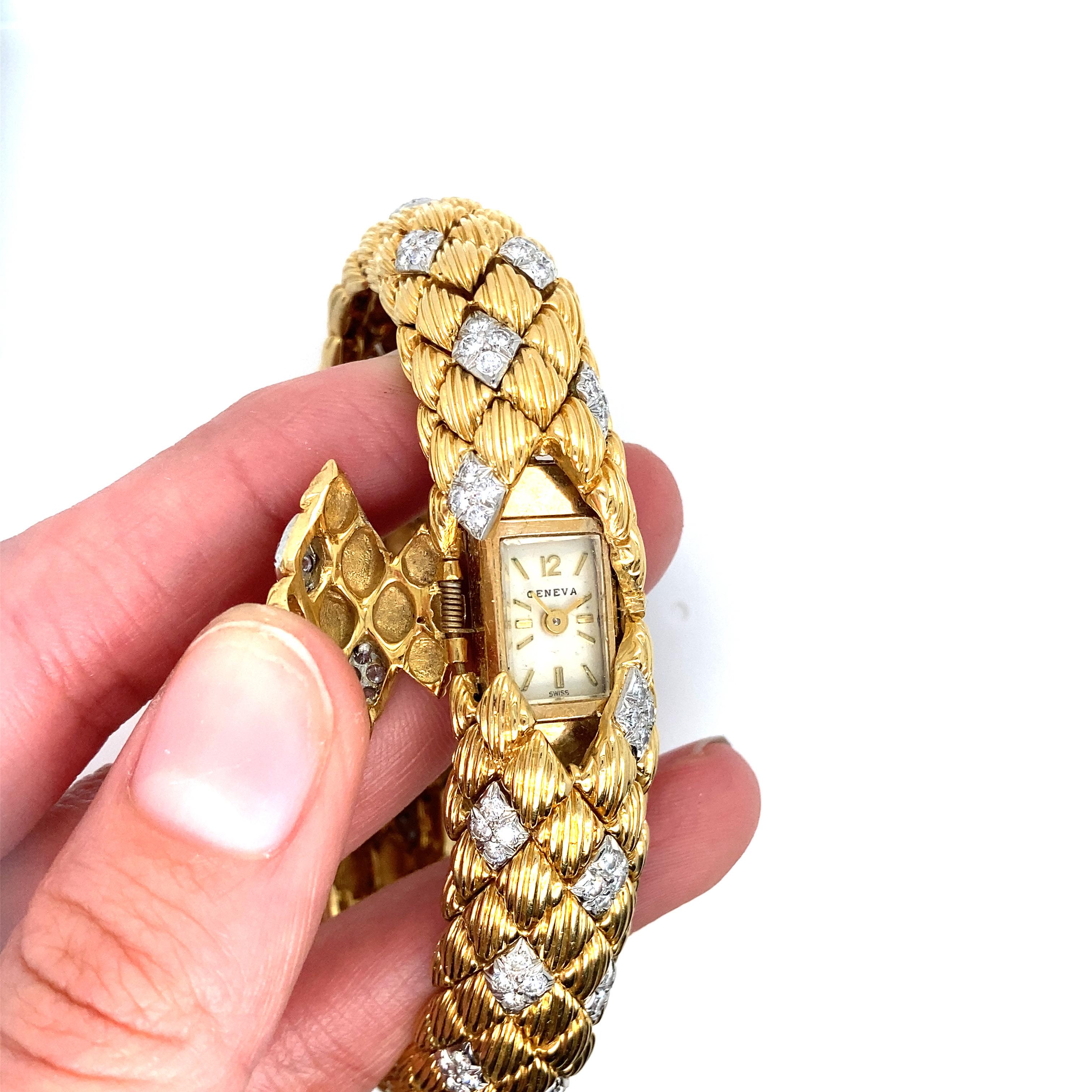 Women's Vintage 18k Yellow Gold Bracelet with Diamonds and Peek-A Boo Swiss Geneva Watch For Sale