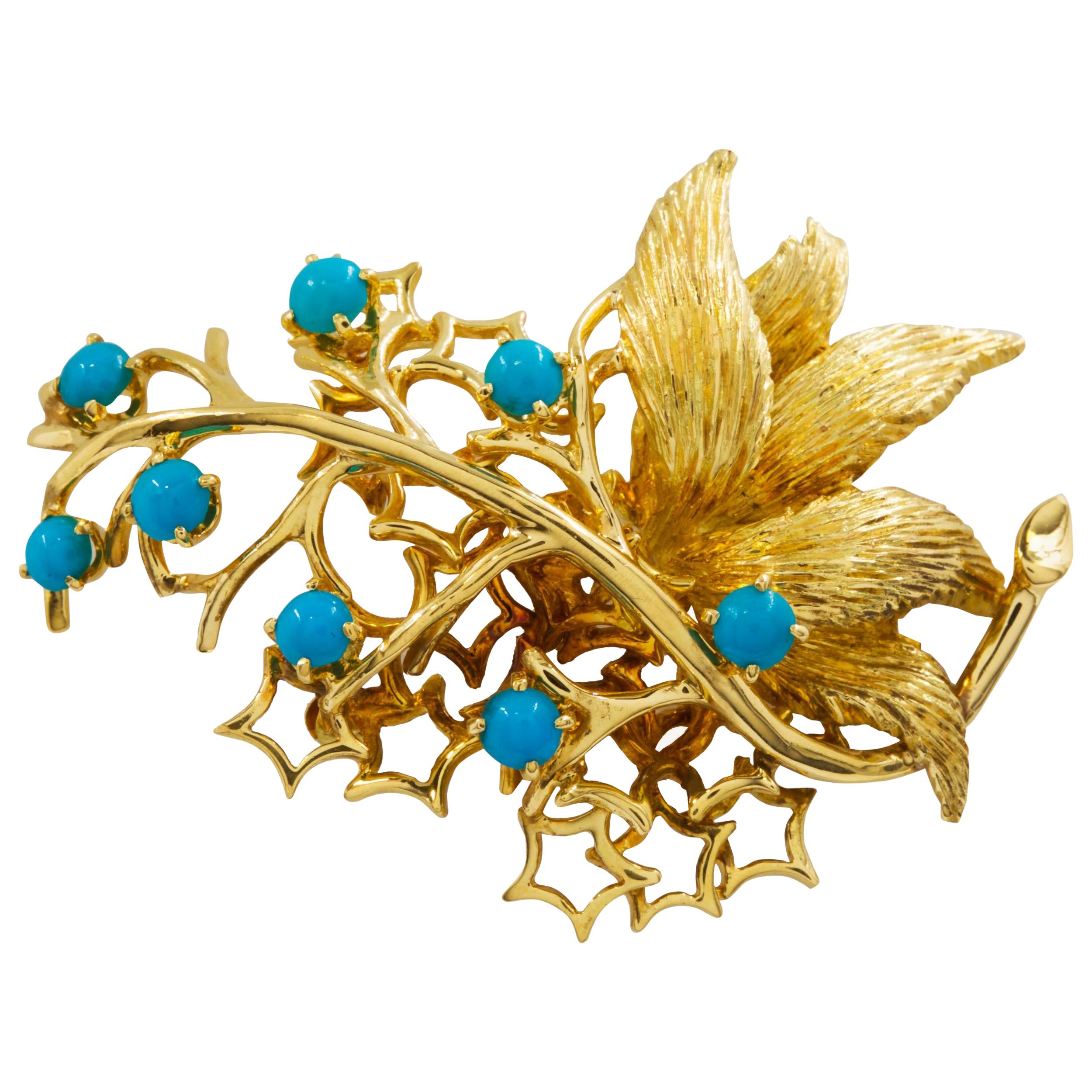 Vintage 18K Yellow Gold Brooch "Branches, Stars and Berries" For Sale